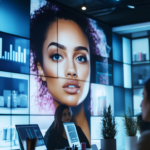 Open office with a wall of screens displaying a large portrait of a woman; workers use tablets at desks.