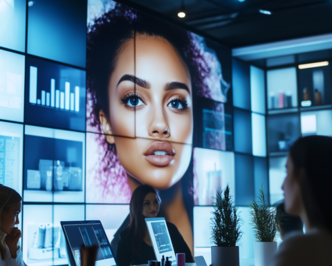 Open office with a wall of screens displaying a large portrait of a woman; workers use tablets at desks.