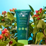 Tube of Recamier Green Code Tratamiento Pure Detox hair treatment, teal packaging with green cap, surrounded by leaves and red berries against a bright blue background.
