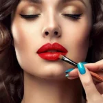 Close-up of a woman with gold eyeshadow as red lipstick is being applied with a makeup brush by a hand with blue nails.