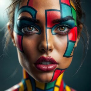 Portrait of a woman with bold geometric color-block makeup in blue, teal, and red across her face.