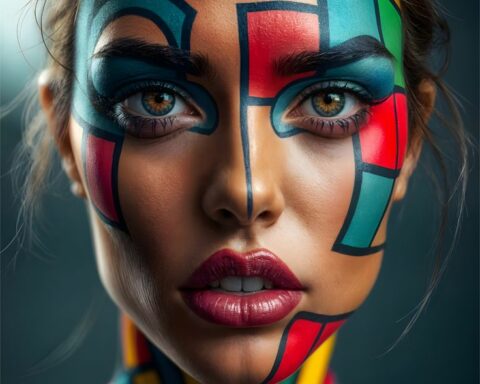 Portrait of a woman with bold geometric color-block makeup in blue, teal, and red across her face.