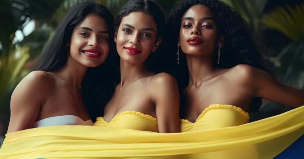 Three women posing together outdoors, smiling and wearing yellow strapless tops with a yellow scarf around them.