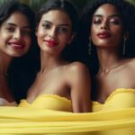 Three women posing together outdoors, smiling and wearing yellow strapless tops with a yellow scarf around them.