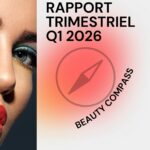 Cover image for a quarterly beauty report: 'RAPPORT TRIMESTRIEL Q1 2026' with a compass icon and 'Beauty Compass' arc, left shows part of a woman's face with makeup.