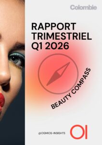 Cover image for a quarterly beauty report: 'RAPPORT TRIMESTRIEL Q1 2026' with a compass icon and 'Beauty Compass' arc, left shows part of a woman's face with makeup.