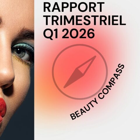 Cover image for a quarterly beauty report: 'RAPPORT TRIMESTRIEL Q1 2026' with a compass icon and 'Beauty Compass' arc, left shows part of a woman's face with makeup.