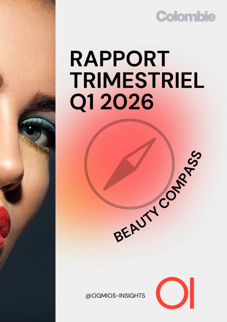 Cover image for a quarterly beauty report: 'RAPPORT TRIMESTRIEL Q1 2026' with a compass icon and 'Beauty Compass' arc, left shows part of a woman's face with makeup.