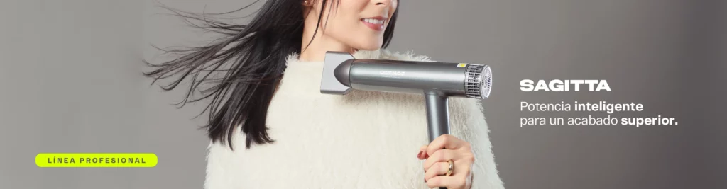 Woman holding a hair dryer in a gray advertisement banner, with white text: 'SAGITTA Potencia inteligente para un acabado superior' and a neon yellow 'LÍNEA PROFESIONAL' badge.