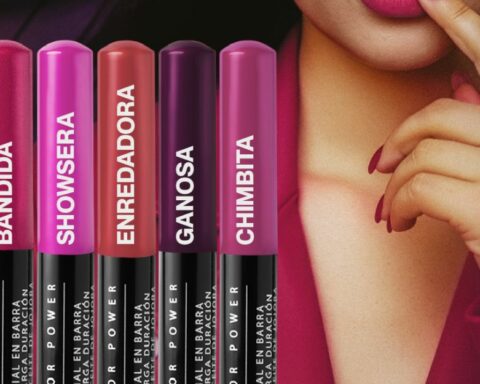 Five bright lipstick tubes with vertical white text stand in a row beside a close-up of a woman's lips and finger touching her lips, highlighting pink shades.