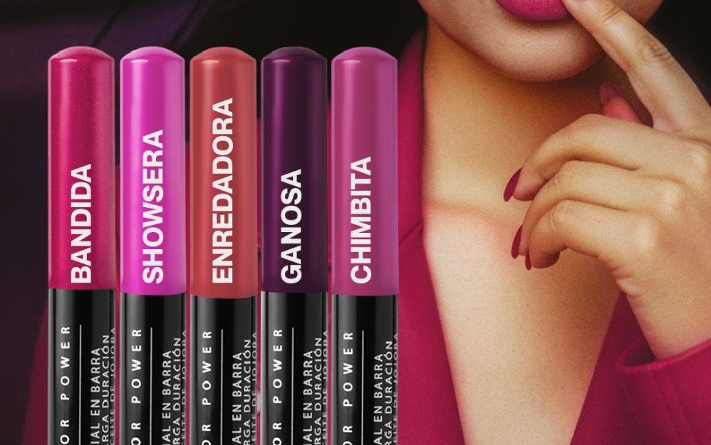 Five bright lipstick tubes with vertical white text stand in a row beside a close-up of a woman's lips and finger touching her lips, highlighting pink shades.