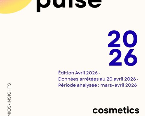 Cover of Beauty Pulse 2026 edition featuring bold black 'beauty pulse' text, a purple-yellow gradient circle, and blue '2026' on a light background. It includes French edition lines.
