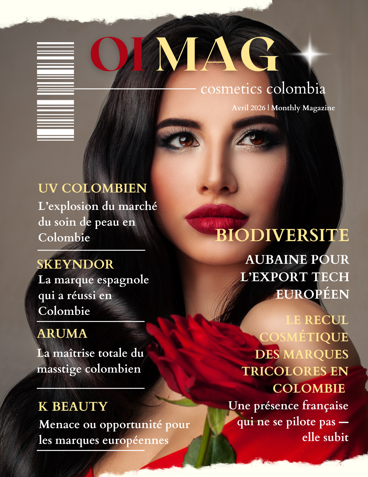 Close-up portrait of a woman with red lipstick and a red rose, overlaid with masthead text and white and gold headlines.