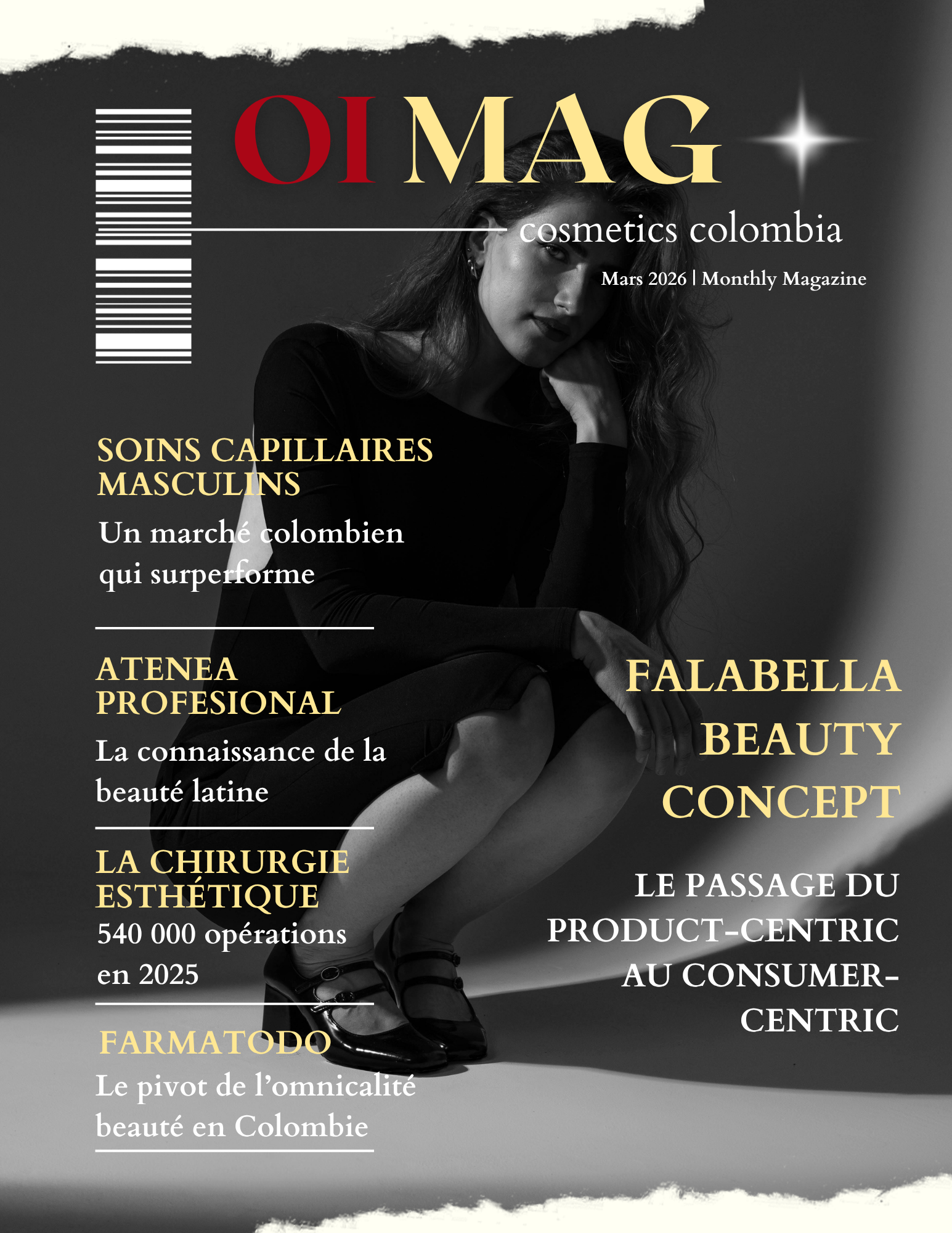 Cover image for OMAG cosmetics Colombia, March 2026: black-and-white photo of a woman with bold gold and white typography across the page.