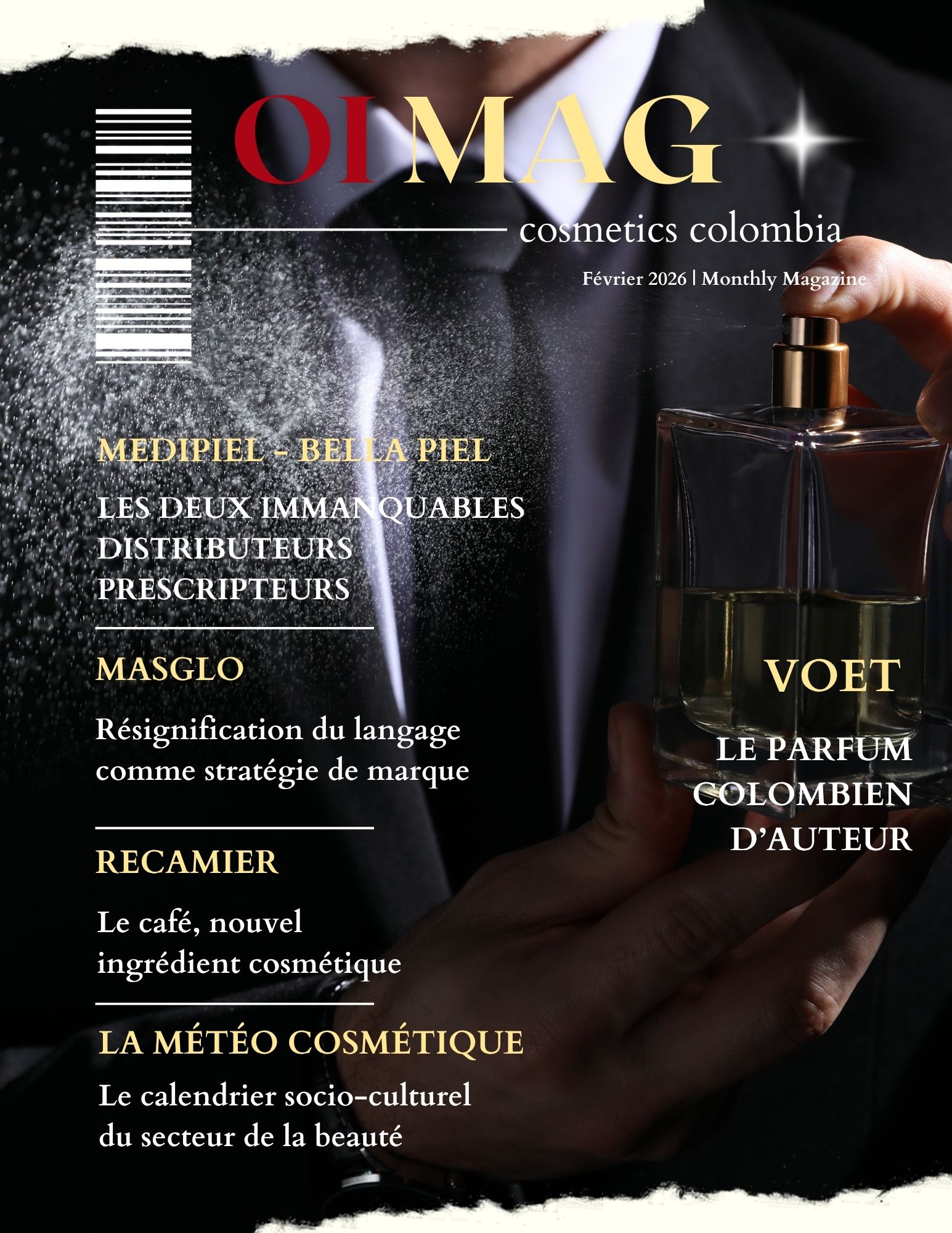 Magazine cover for OMAG cosmetics Colombia featuring a person in a suit spraying perfume, with gold typography and French headlines