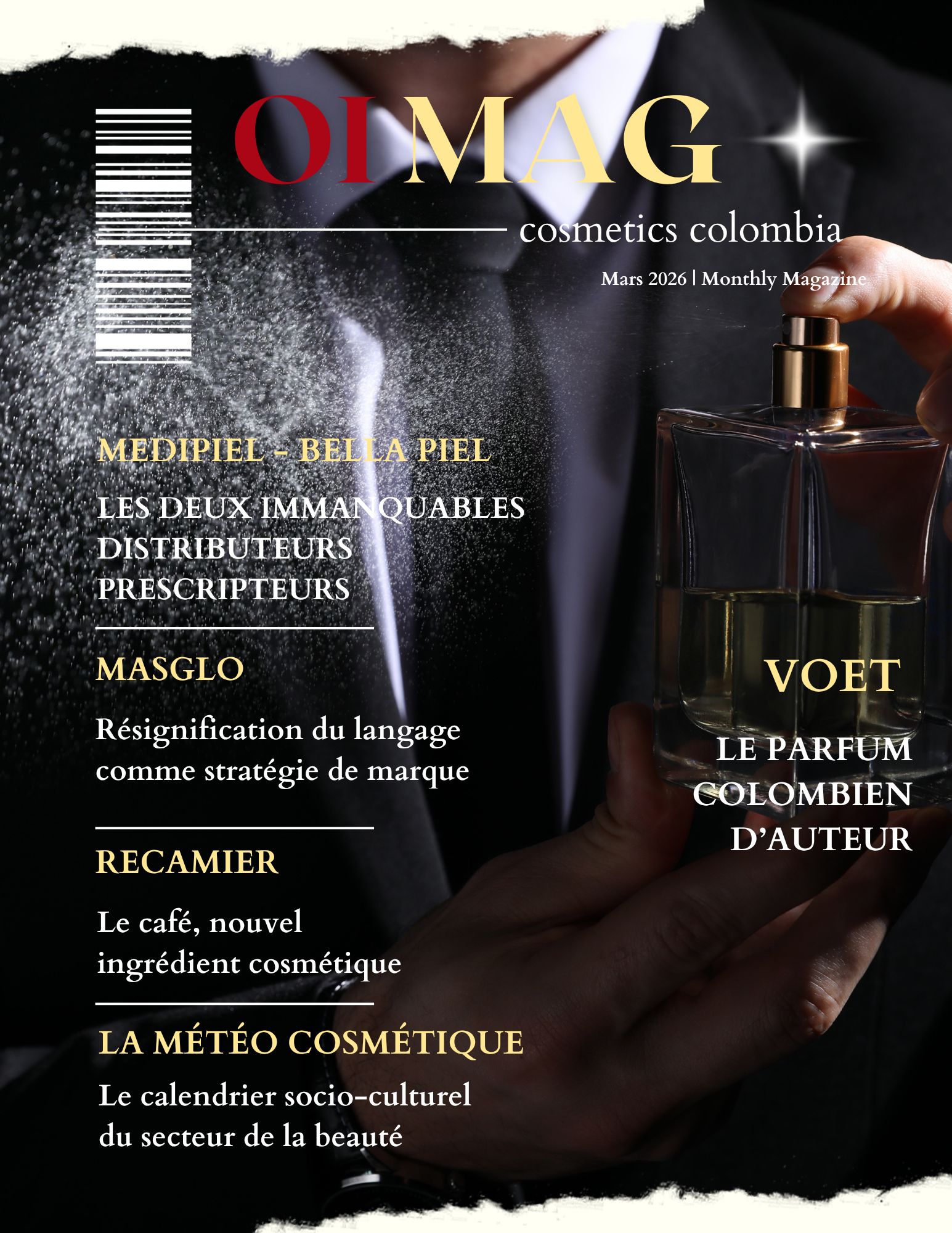 Magazine cover for OMAG cosmetics Colombia, showing a hand holding a perfume bottle and spraying fragrance, with bold headlines overlaid in French.