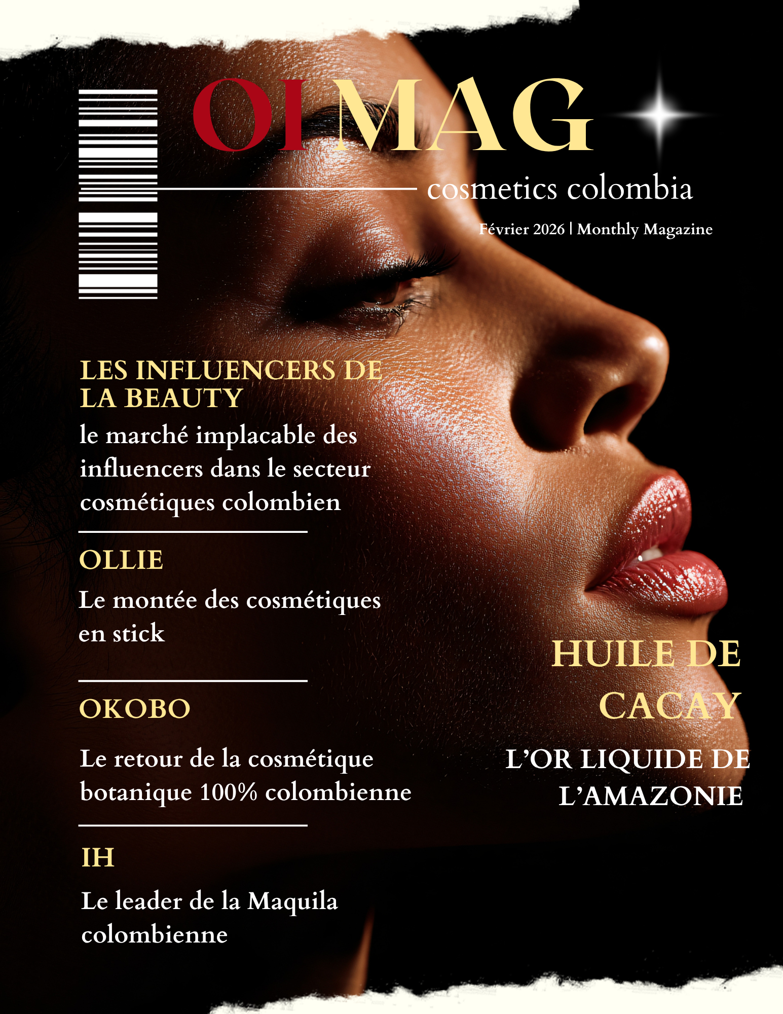 Close-up profile of a woman with glossy makeup on a black background; magazine cover with bold gold and red typography and French headlines.
