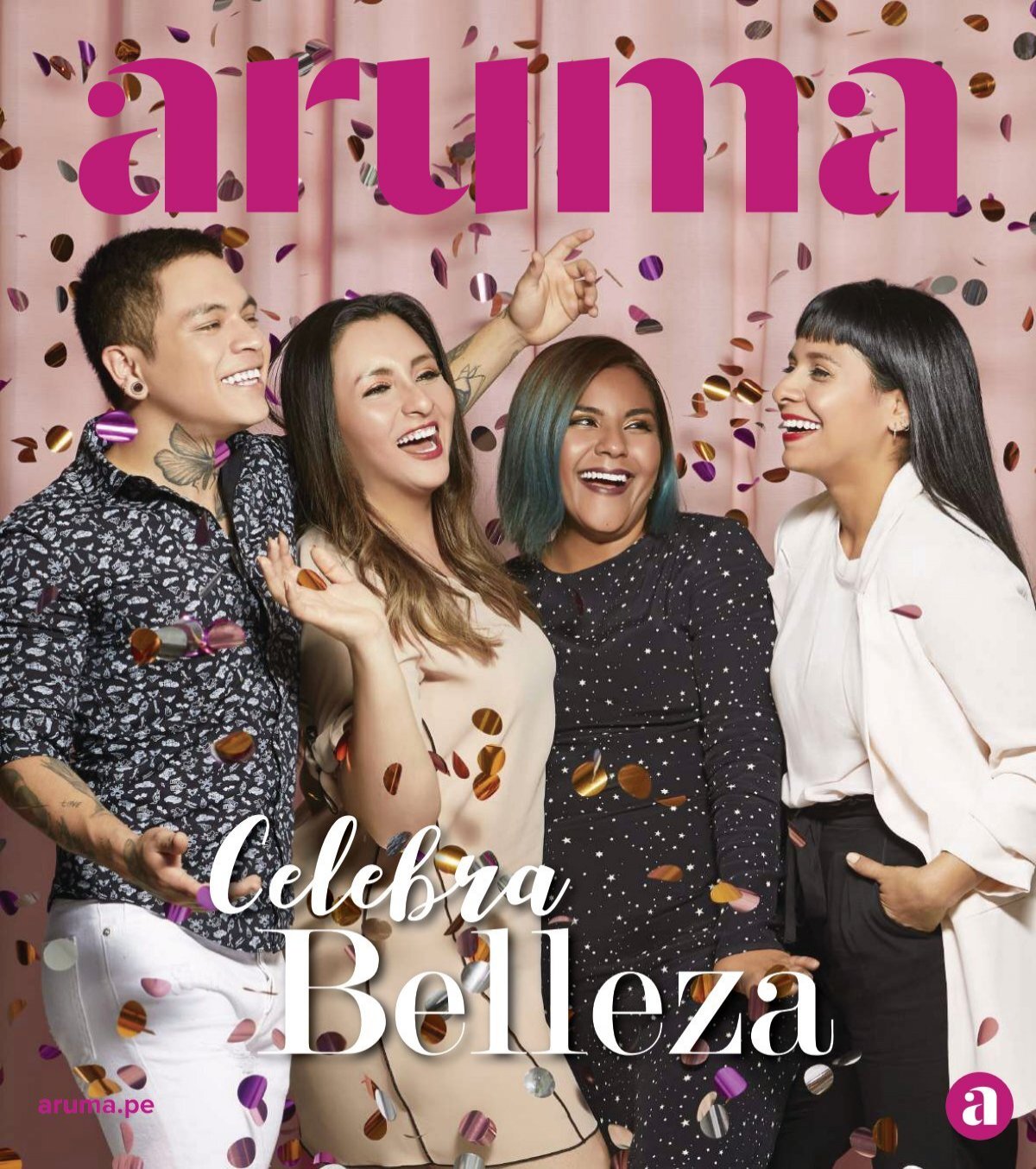 Group of four women smiling and posing with confetti against a pink backdrop, celebrating beauty with the words 'Celebra Belleza' and brand 'aruma.pe' visible.