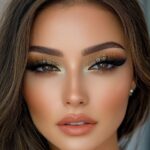 Close-up portrait of a woman with gold glitter eye makeup, dramatic winged eyeliner, and peach lips.