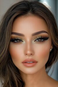 Close-up portrait of a woman with gold glitter eye makeup, dramatic winged eyeliner, and peach lips.