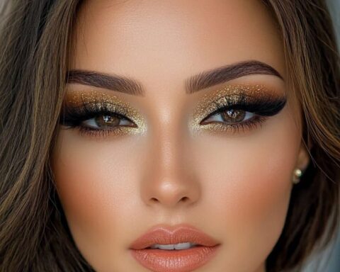 Close-up portrait of a woman with gold glitter eye makeup, dramatic winged eyeliner, and peach lips.