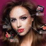 Portrait of a woman with a white geometric facial grid linked to makeup swatches and hex color codes (lipstick, blush, eyeshadow).