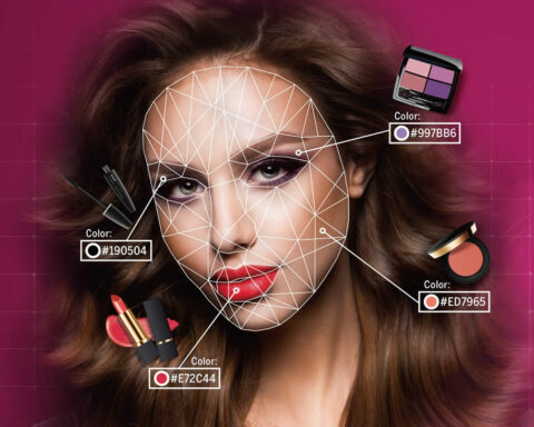 Portrait of a woman with a white geometric facial grid linked to makeup swatches and hex color codes (lipstick, blush, eyeshadow).