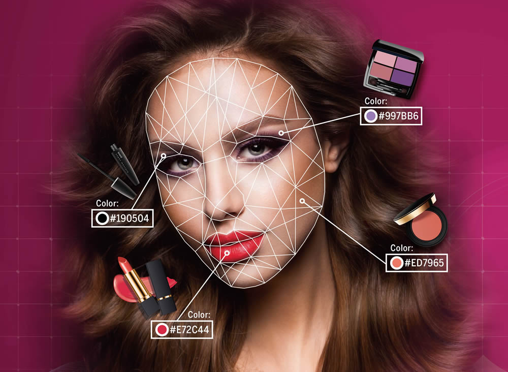 Portrait of a woman with a white geometric facial grid linked to makeup swatches and hex color codes (lipstick, blush, eyeshadow).