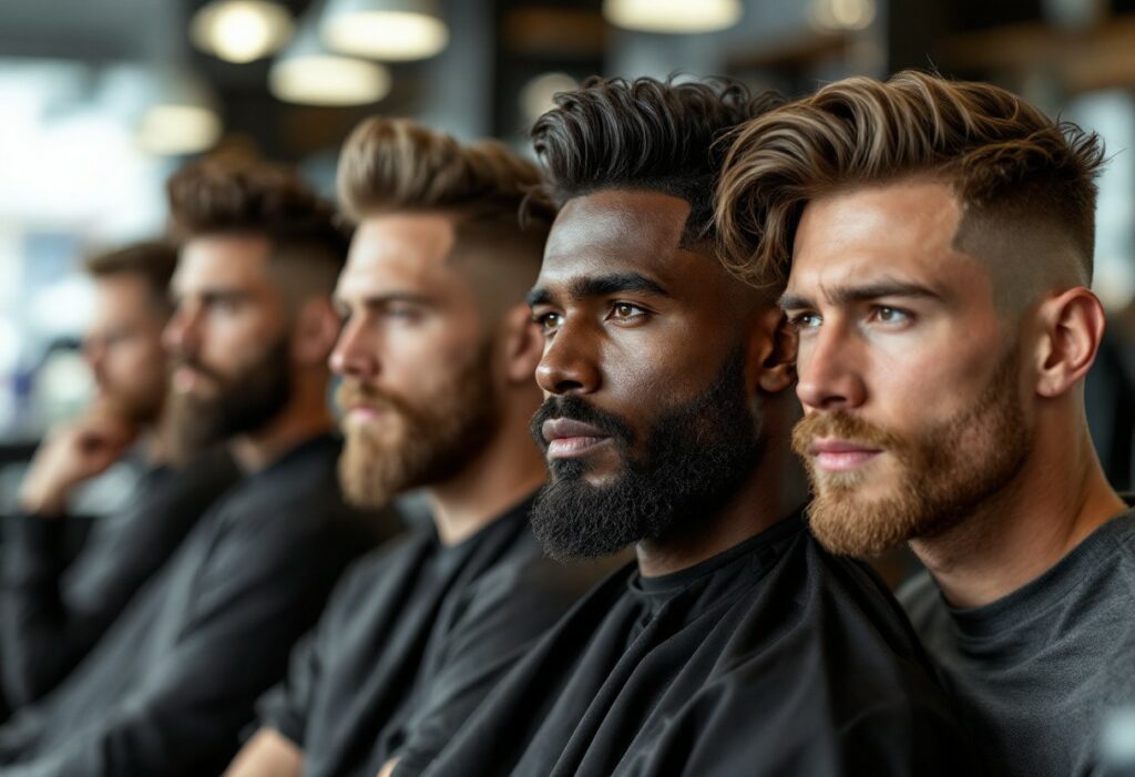 Group of men with stylish haircuts sitting in a barbershop, waiting for services.