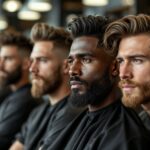 Group of men with stylish haircuts sitting in a barbershop, waiting for services.