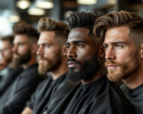 Group of men with stylish haircuts sitting in a barbershop, waiting for services.