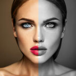 Split-image portrait of a woman: left side in color with blue eye and pink lips, right side in grayscale.