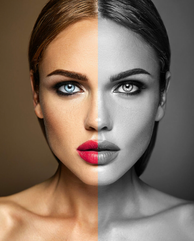 Split-image portrait of a woman: left side in color with blue eye and pink lips, right side in grayscale.