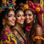 Three smiling women in colorful traditional outfits with large flower crowns posing together at a festive celebration.