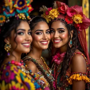 Three smiling women in colorful traditional outfits with large flower crowns posing together at a festive celebration.