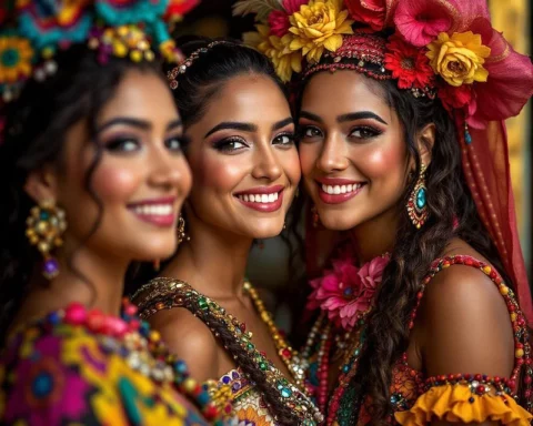 Three smiling women in colorful traditional outfits with large flower crowns posing together at a festive celebration.