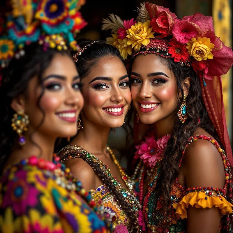 Three smiling women in colorful traditional outfits with large flower crowns posing together at a festive celebration.