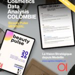 Collage hero: bold white text 'Cosmetics Data Analysis COLOMBIE' with a tablet showing a report and a yellow 'COLOMBIE' ribbon across the corner.