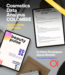 Collage hero: bold white text 'Cosmetics Data Analysis COLOMBIE' with a tablet showing a report and a yellow 'COLOMBIE' ribbon across the corner.