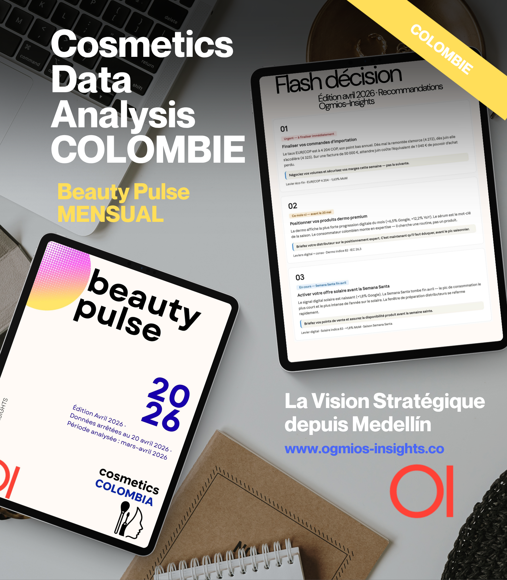 Collage hero: bold white text 'Cosmetics Data Analysis COLOMBIE' with a tablet showing a report and a yellow 'COLOMBIE' ribbon across the corner.